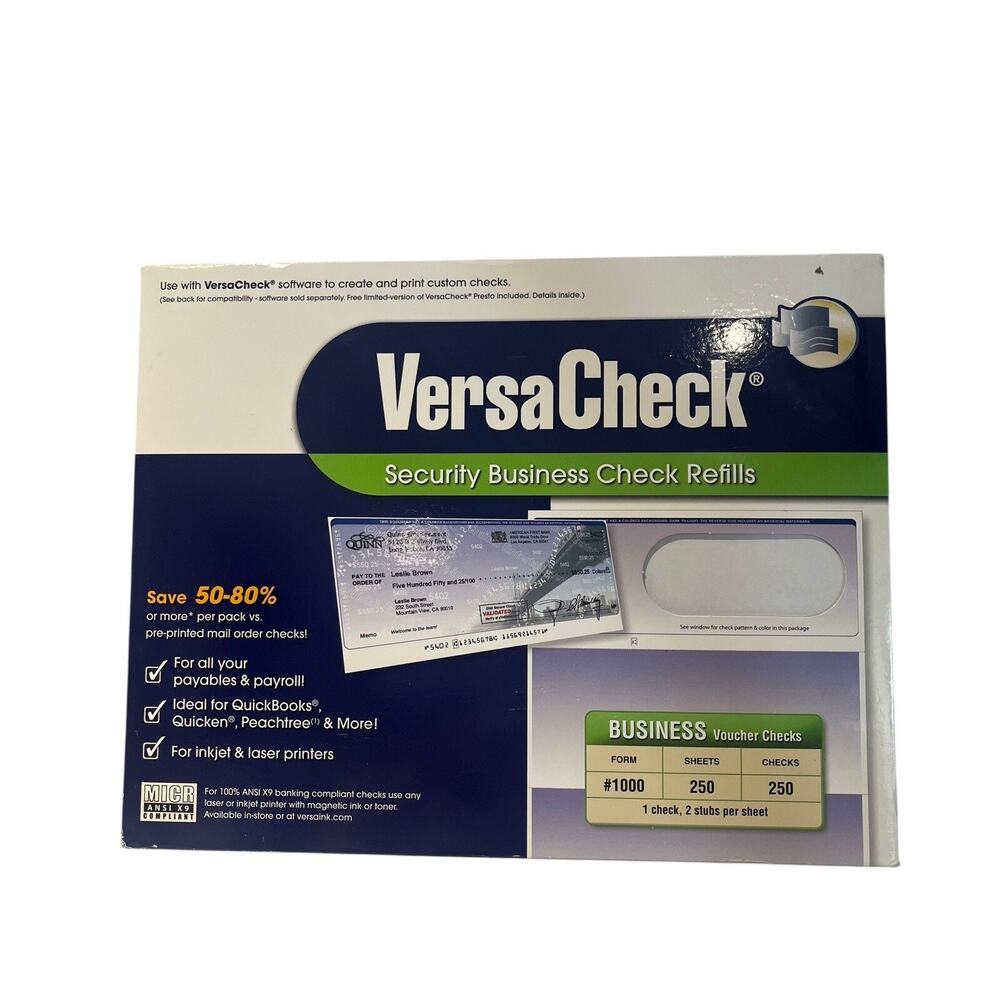VersaCheck Secure Checks - 250 Blank Business Voucher Checks - Blue Classic - 25